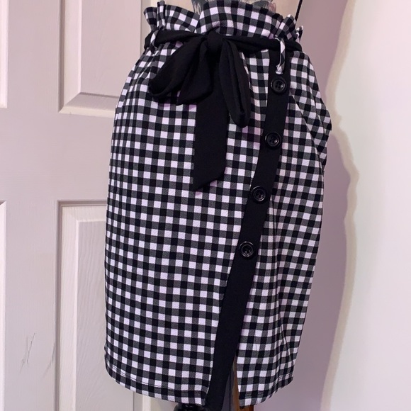 Cherie Black White Gingham Paper Bag High Waist Tie Belt Skirt - Picture 3 of 14